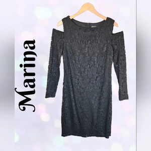 Marina Womens Dress Sz 14 Black Lace Cold Shoulders Long Sleeve Evening Wedding